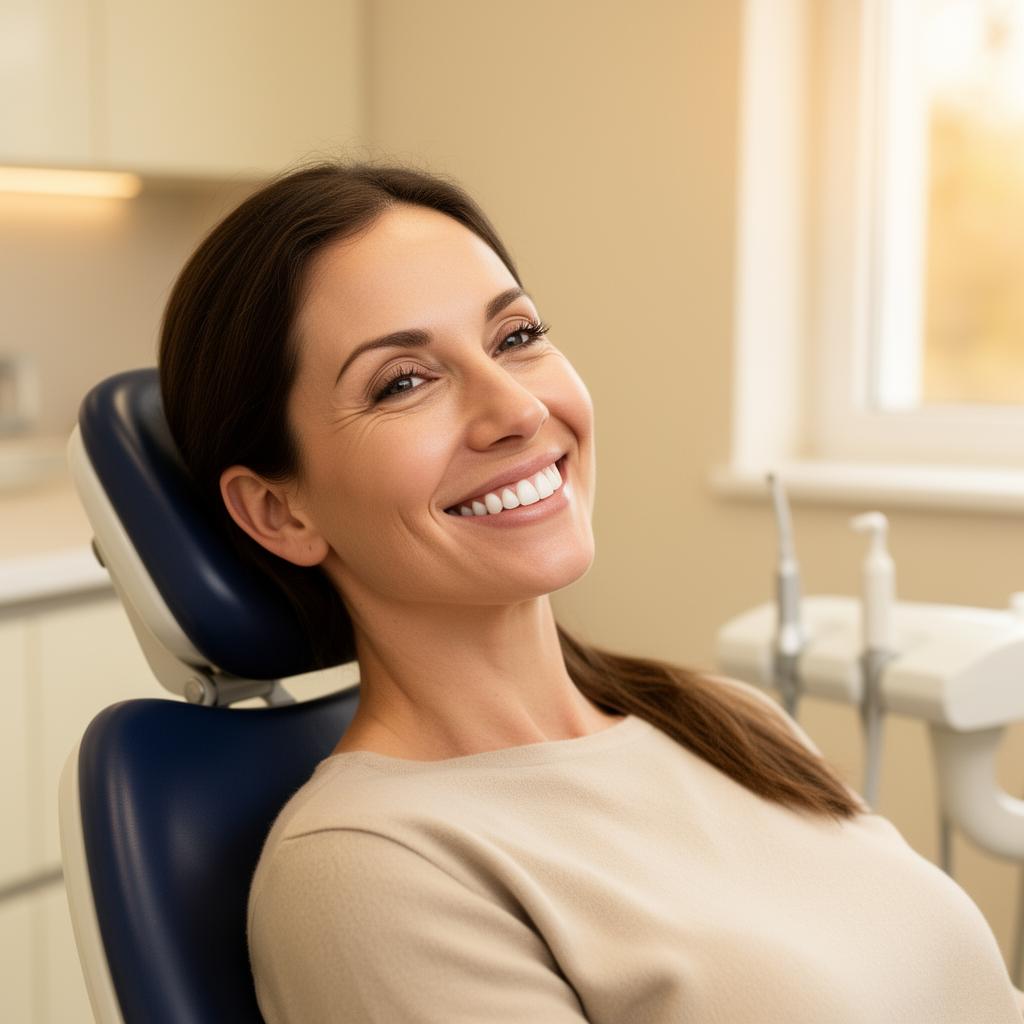 Patient with a healthy smile relaxing in a dental chair
