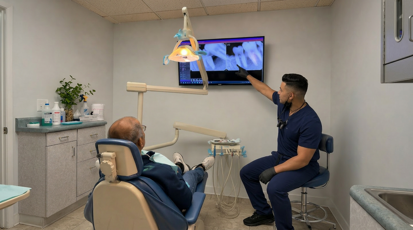 Dentist reviewing X-rays with patient during emergency visit