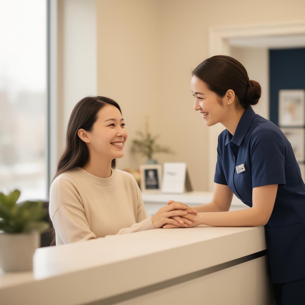 Smiling patient and friendly dental team member at the front desk